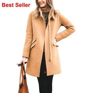 Wool Blend Long Pea Coat with Zip Closure and Side Pockets